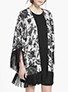 Women's Kimono Wrap - Black Brocade Print over Beige / Black Fringe